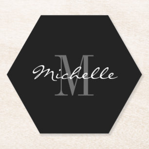 Elegant black and white name monogram octagonal paper coaster