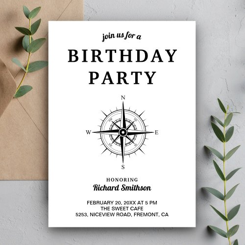 Elegant Black and White Nautical Compass Birthday Invitation