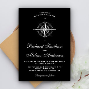 Elegant Black and White Nautical Compass Wedding Invitation