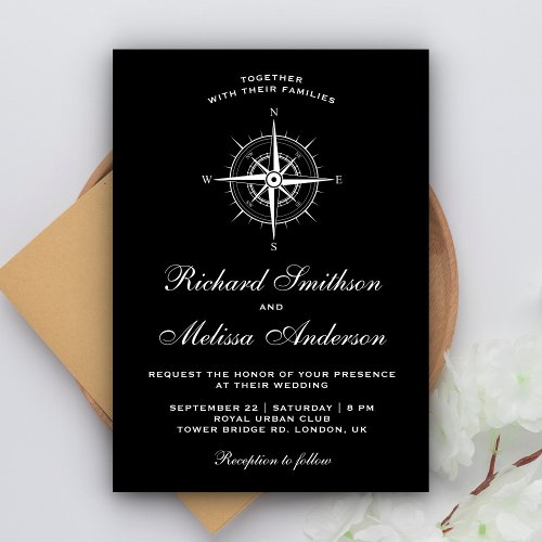 Elegant Black and White Nautical Compass Wedding Invitation