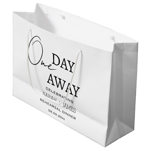 Elegant Black and White One Day Away Wedding Party Large Gift Bag (Front Angled)