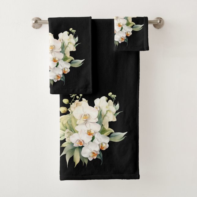Elegant Black and White Orchid Bath Towel Set (Insitu)