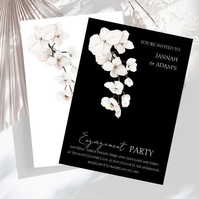 Elegant Black and White Orchid Engagement Invitation (Modern Black and White Orchids Flowers Engagement Party Wedding Invitation)