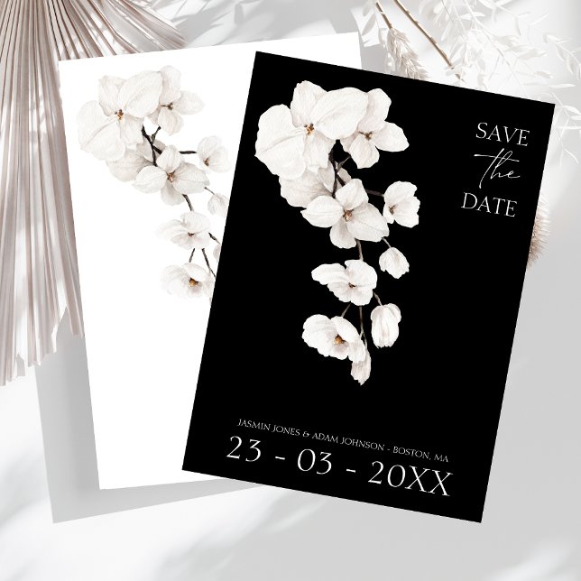 Elegant Black and White Orchid Wedding Save The Date (Modern Black and White Orchids Floral Wedding Save the Dates)