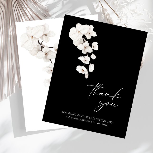 Elegant Black and White Orchid Wedding Thank You (Modern Black and White Orchids Flowers Wedding Thank You Card)