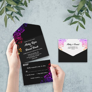 Elegant Black And White Ornate Neon Floral Wedding All In One Invitation