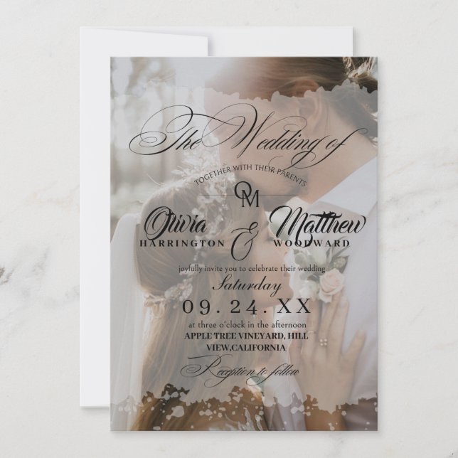 Elegant Black and white Overlay 2 Photo Wedding Invitation (Front)
