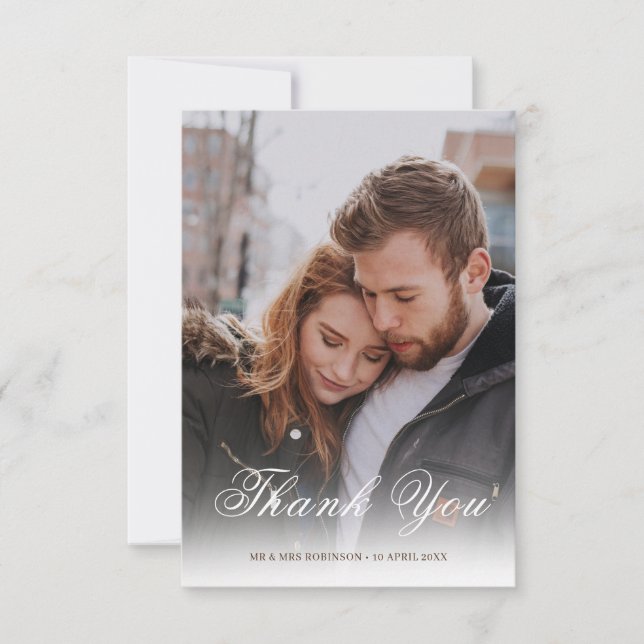 Elegant Black and White Overlay Script Wedding Thank You Card (Front)