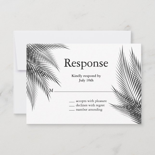 Elegant Black and White Palm Leaves RSVP (Front)