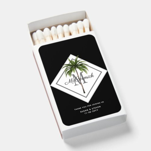 Elegant Black and White Palm Tree Wedding Favor Matchboxes