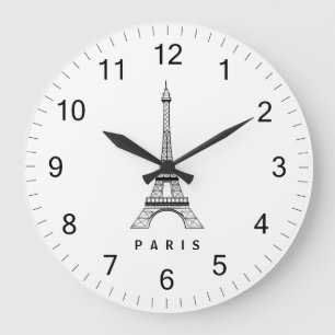 Elegant black and white Paris Eiffel Tower France  Large Clock