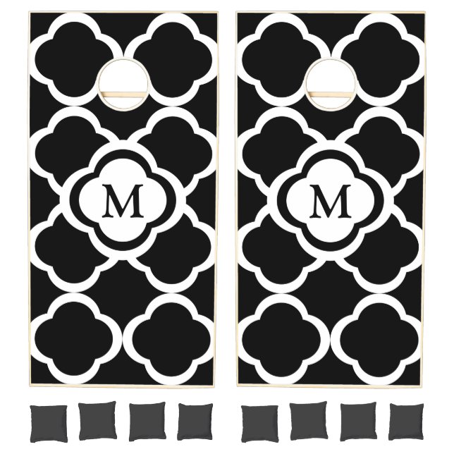 Elegant Black And White Pattern Monogram Cornhole Set (Set)