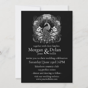 Elegant Black and White Peacock Floral Wedding Invitation