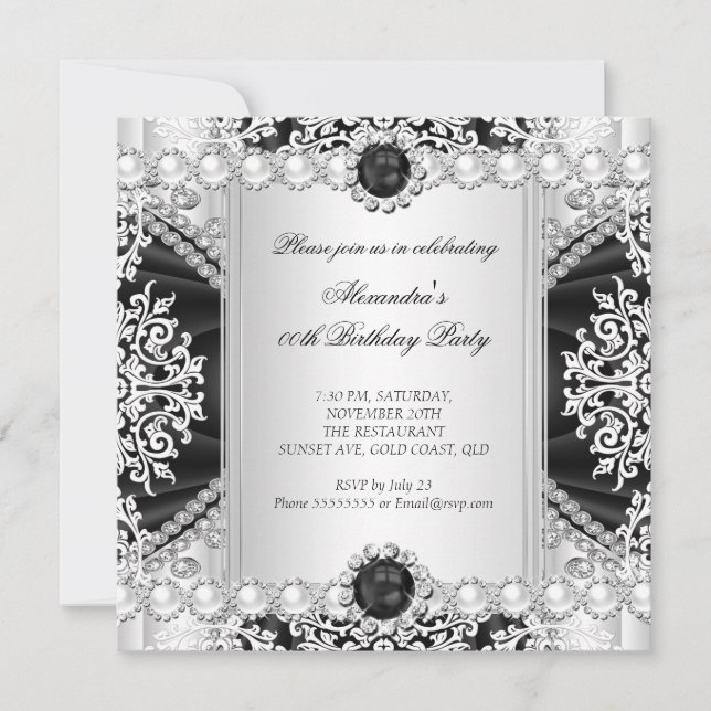 Elegant Black And White Pearl Birthday Party Invitation (Front)