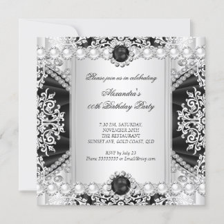 Elegant Black And White Pearl Birthday Party Invitation