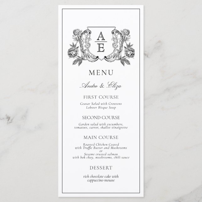 Elegant Black and White Peony Floral Wedding  Menu (Front)