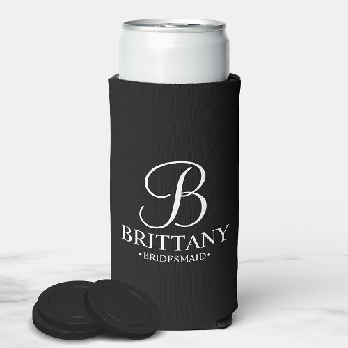 Elegant Black and White Personalized Bridesmaid Seltzer Can Cooler