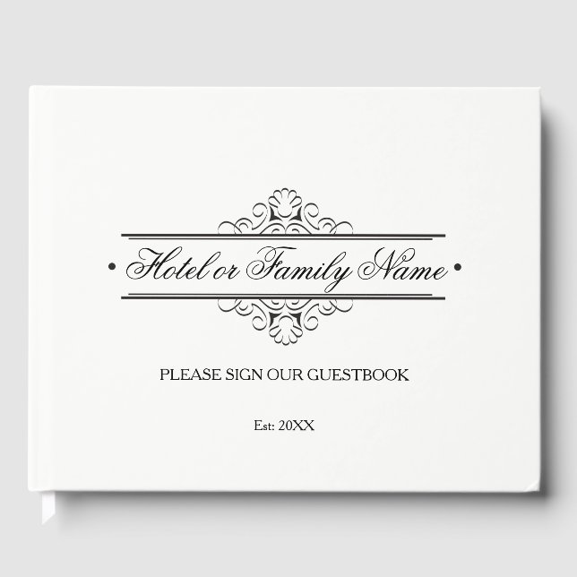 Elegant Black And White Personalized Hotel Family Guest Book (Front)