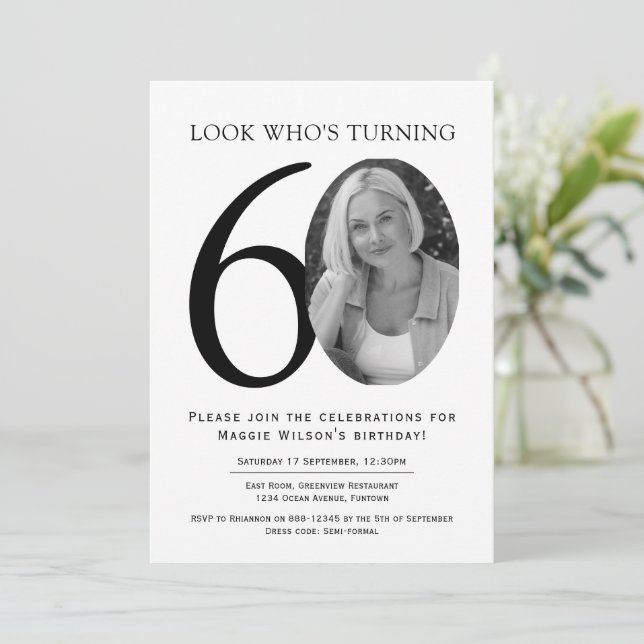 Elegant Black and White Photo Birthday Invitation (Standing Front)