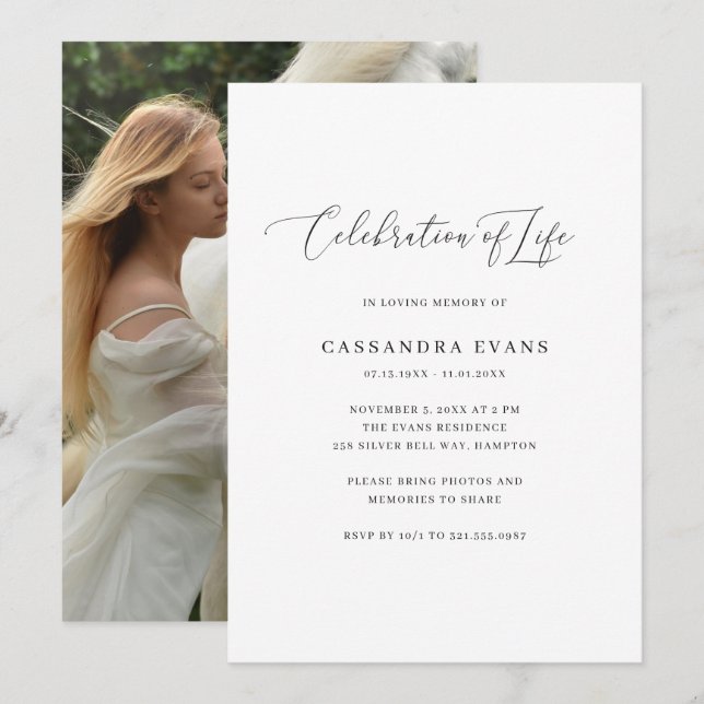 Elegant Black and White Photo Celebration of Life  Invitation (Front/Back)