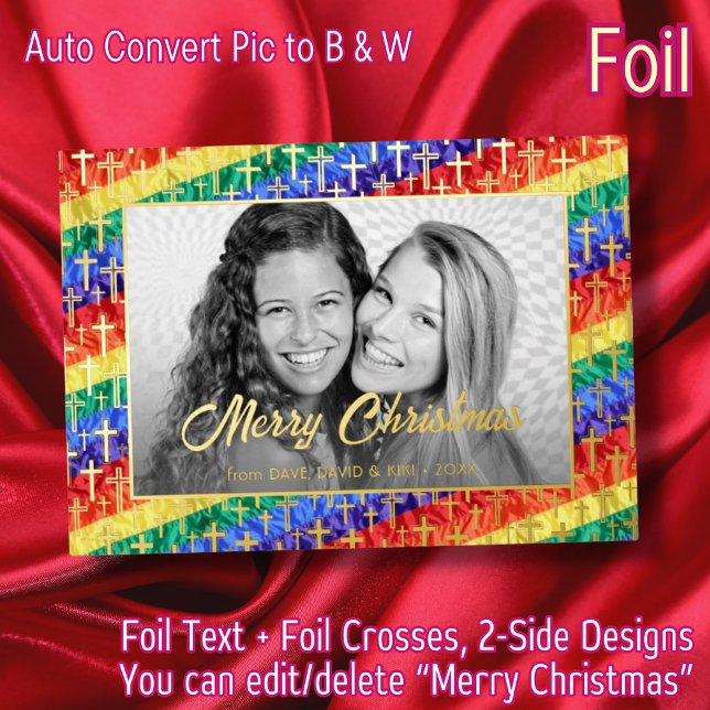 Elegant Black and White Photo Gay Pride Gold Cross Foil Holiday Card (Creator Uploaded)