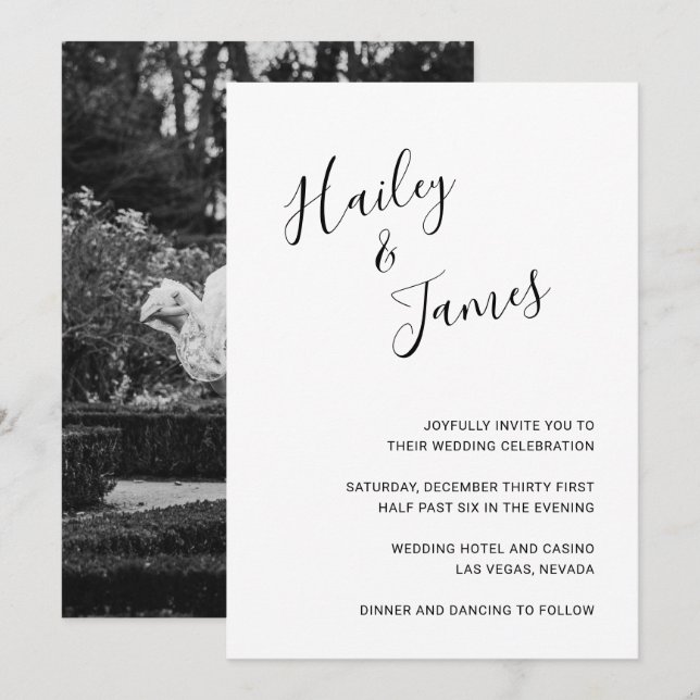Elegant Black and White Photo Modern Wedding Invitation (Front/Back)