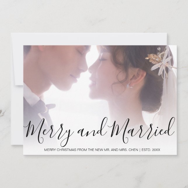 Elegant Black and White Photo Newlywed Christmas Holiday Card (Front)