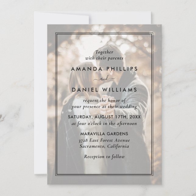 Elegant Black and White Photo Overlay Wedding Invitation (Front)