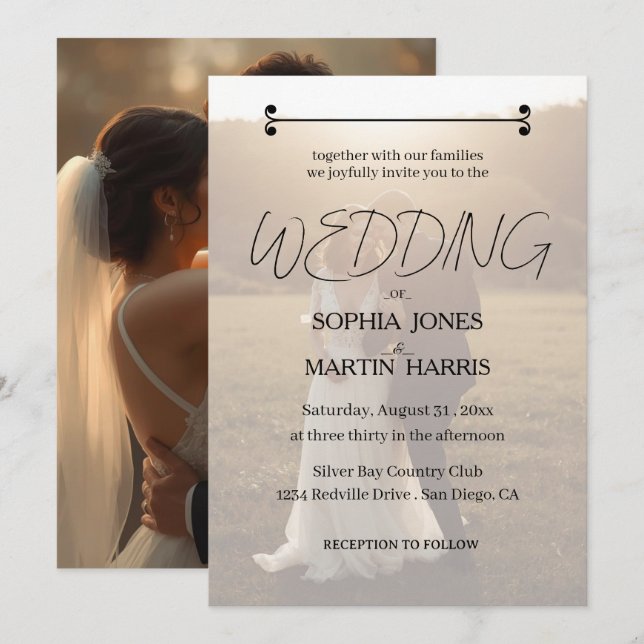 Elegant Black and White Photo Overlay Wedding  Invitation (Front/Back)