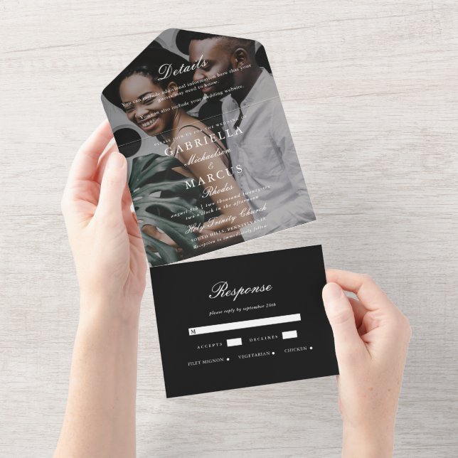 Elegant Black and White Photo Wedding All In One Invitation (Tearaway)