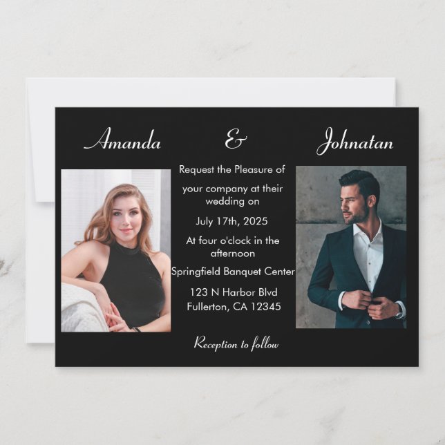 Elegant Black and White Photo Wedding Invitation (Front)