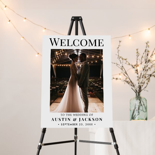 Elegant Black and White Photo Wedding Welcome Sign (In Situ (Stand))