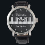 Elegant black and white piano watch for men<br><div class="desc">Elegant black and white piano watch for men. Personalize with name,  monogram,  funny quote or slogan. Custom background color. Unique Birthday gift ideas for piano player,  pianist,  classical music teacher,  musician,  instructor,  producer,  artist,  husband,  dad etc. Classy men's watch with leather strap.</div>