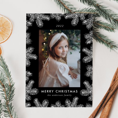Elegant Black and White Pine Frame Photo Holiday Card