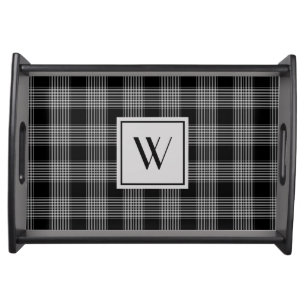 Elegant Black And White Plaid Monogram Serving Tray