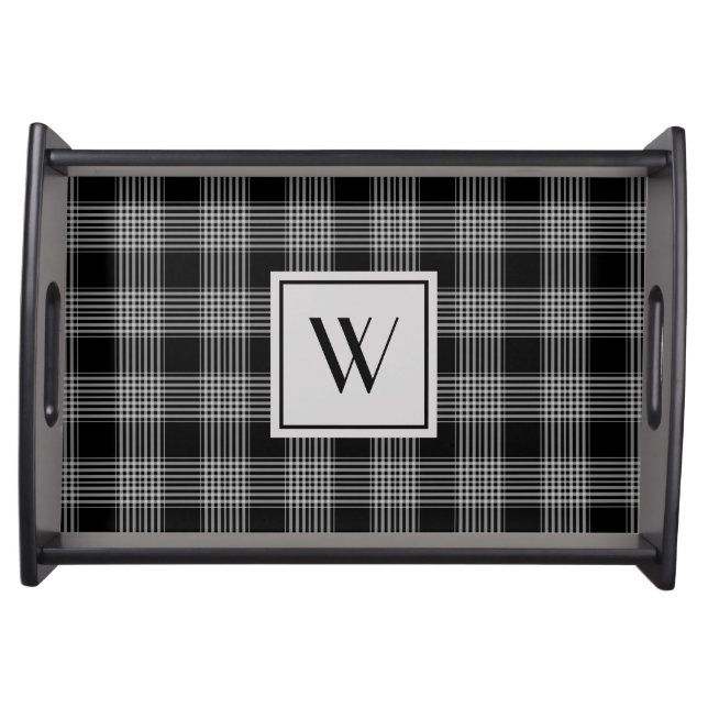Elegant Black And White Plaid Monogram Serving Tray (Front)
