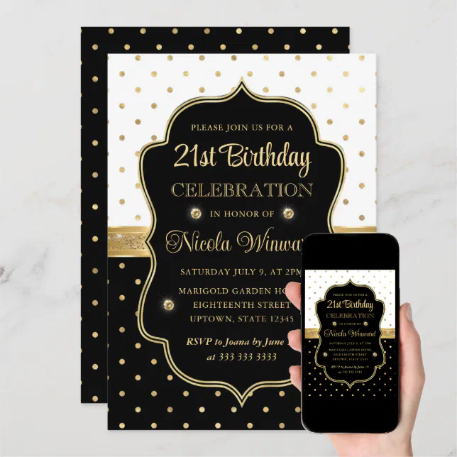 Elegant Black and White Polka Dots 21st Birthday Invitation | Zazzle