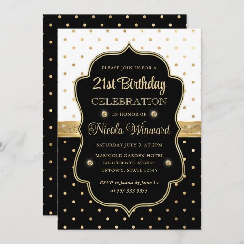 Elegant Black and White Polka Dots 21st Birthday Invitation