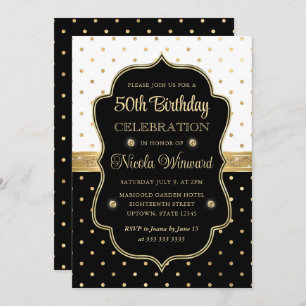 Elegant Black and White Polka Dots 50th Birthday Invitation