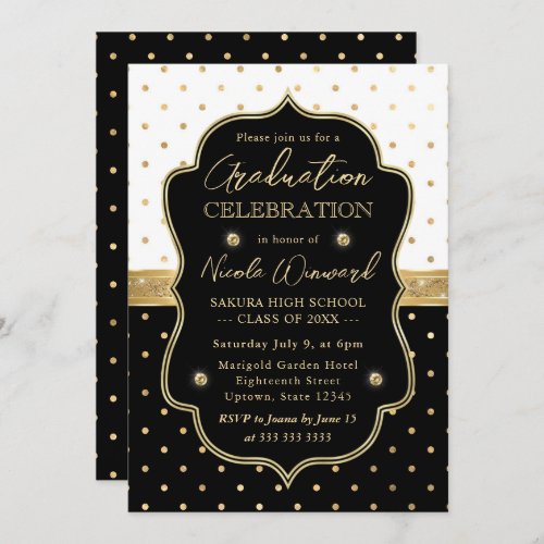 Elegant Black and White Polka Dots Graduation Invitation