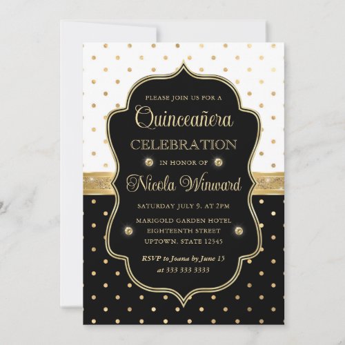 Elegant Black and White Polka Dots Quinceanera Invitation