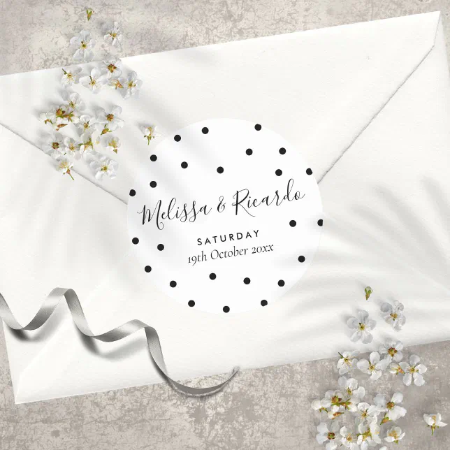 Elegant Black and White Polka Dots Wedding Classic Round Sticker | Zazzle