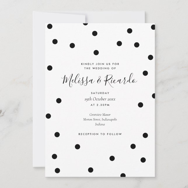 Elegant Black and White Polka Dots Wedding Invitation (Front)