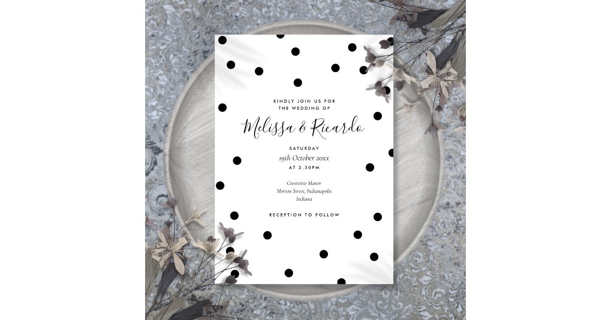 Elegant Black and White Polka Dots Wedding Invitation | Zazzle