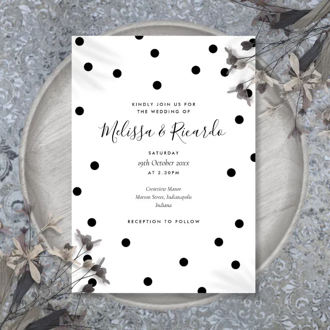 Elegant Black and White Polka Dots Wedding Invitation | Zazzle
