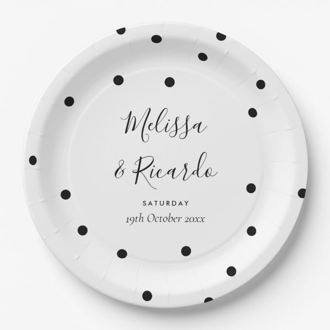 Elegant Black and White Polka Dots Wedding Paper Plates (Front)