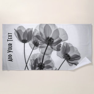 Elegant Black and White Poppy Flower Beach Towel