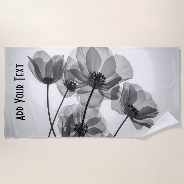 Elegant Black and White Poppy Flower Beach Towel (Front)