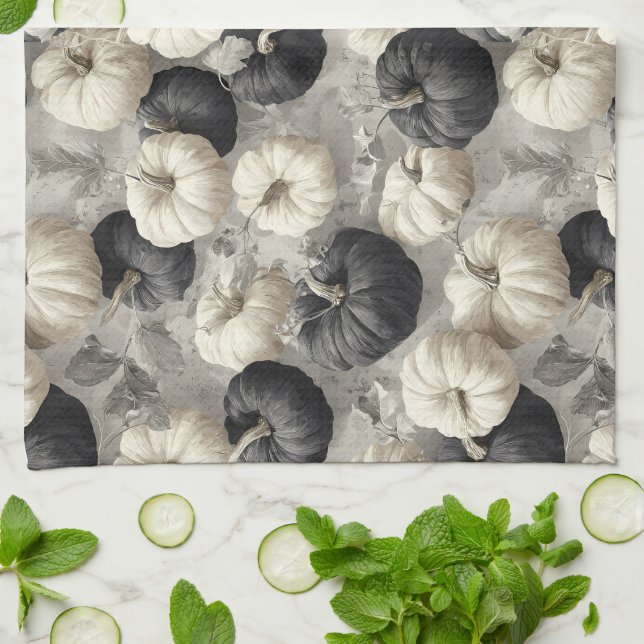 Elegant Black and White Pumpkins Kitchen Towel (Folded)