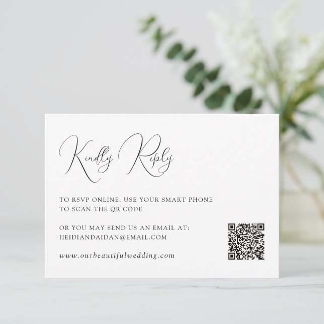Elegant Black and White QR Code Old Money Wedding RSVP Card (Standing Front)